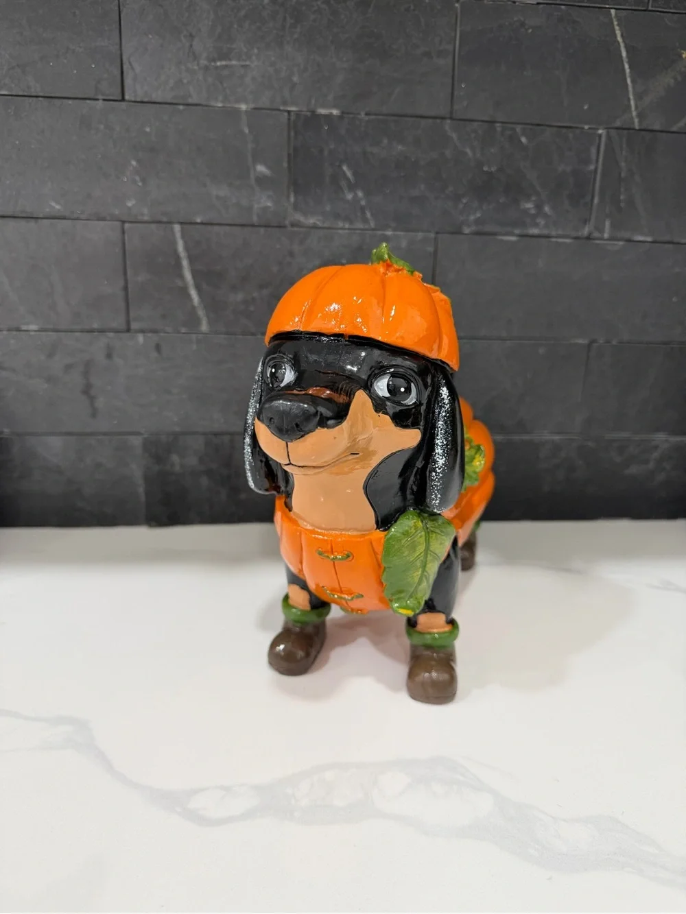 Orange Pumpkin Dachshund Dog Figurine - Decorative Pet Accent